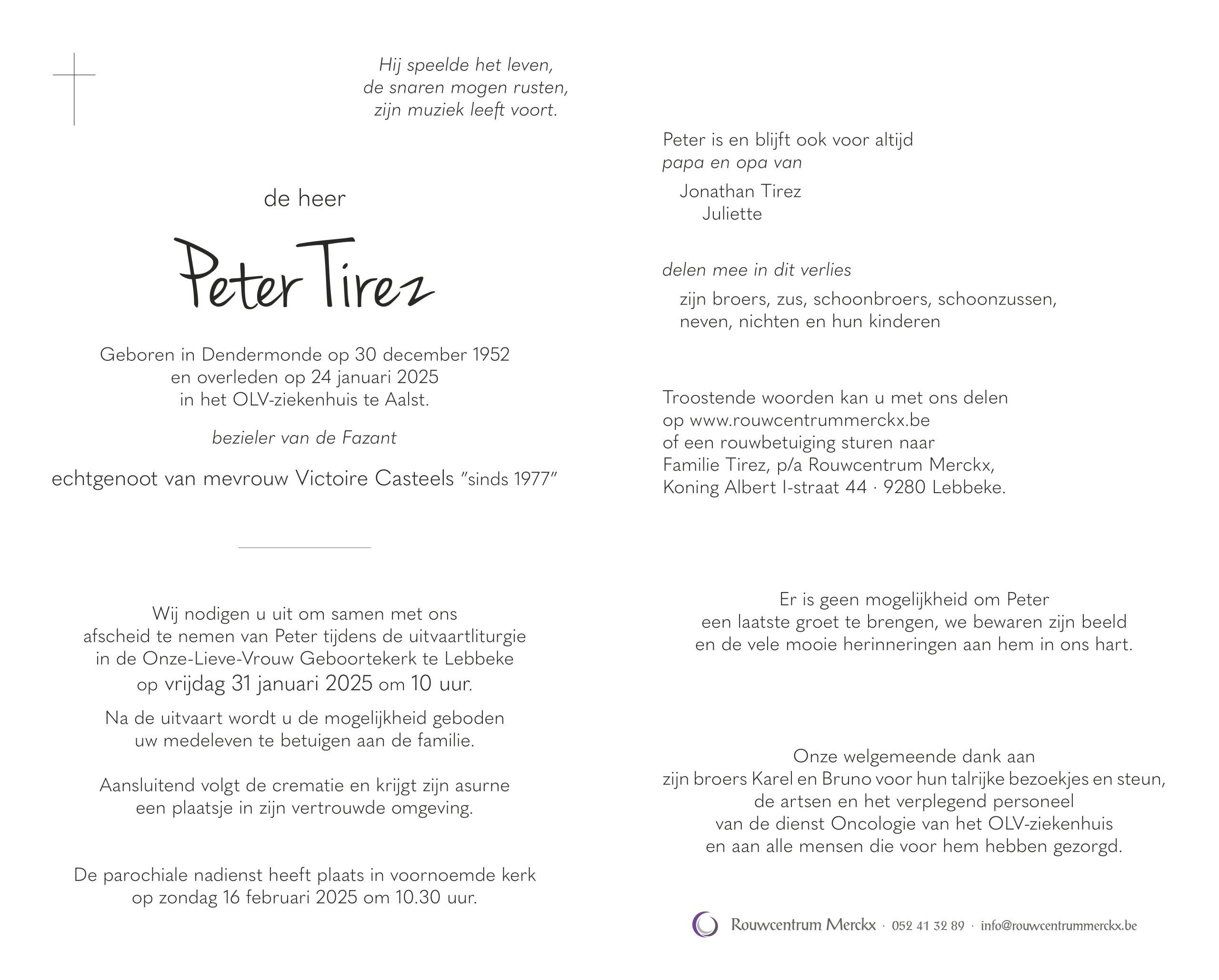 Tirez Peter rouwbrief