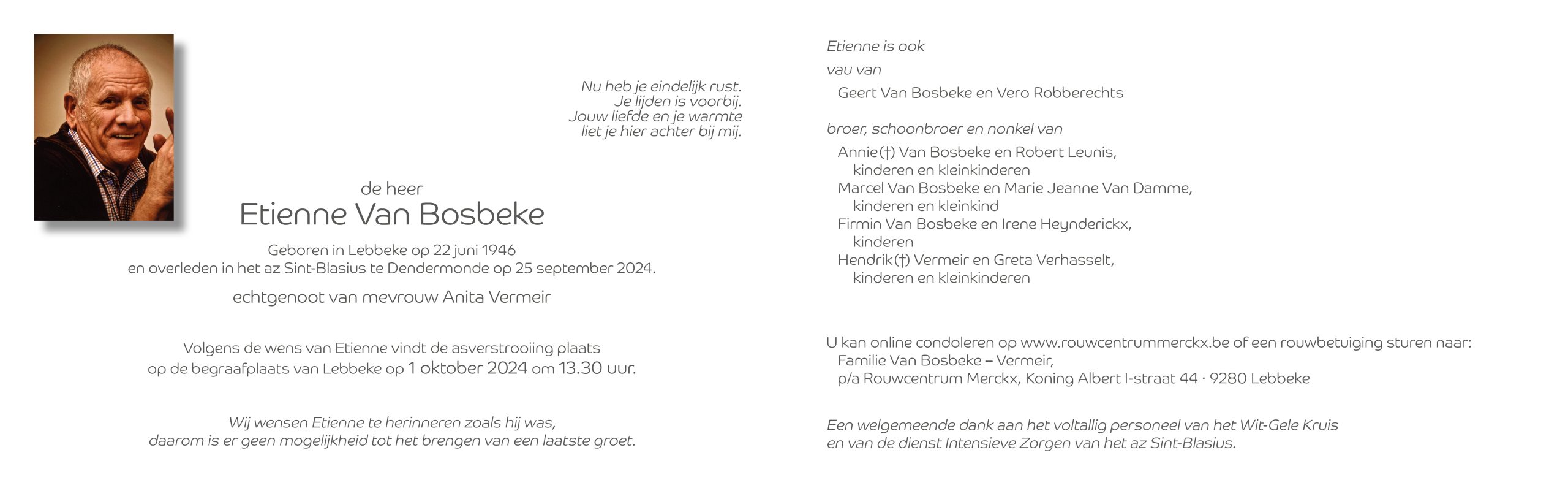 Van Bosbeke Etienne rouwbrief