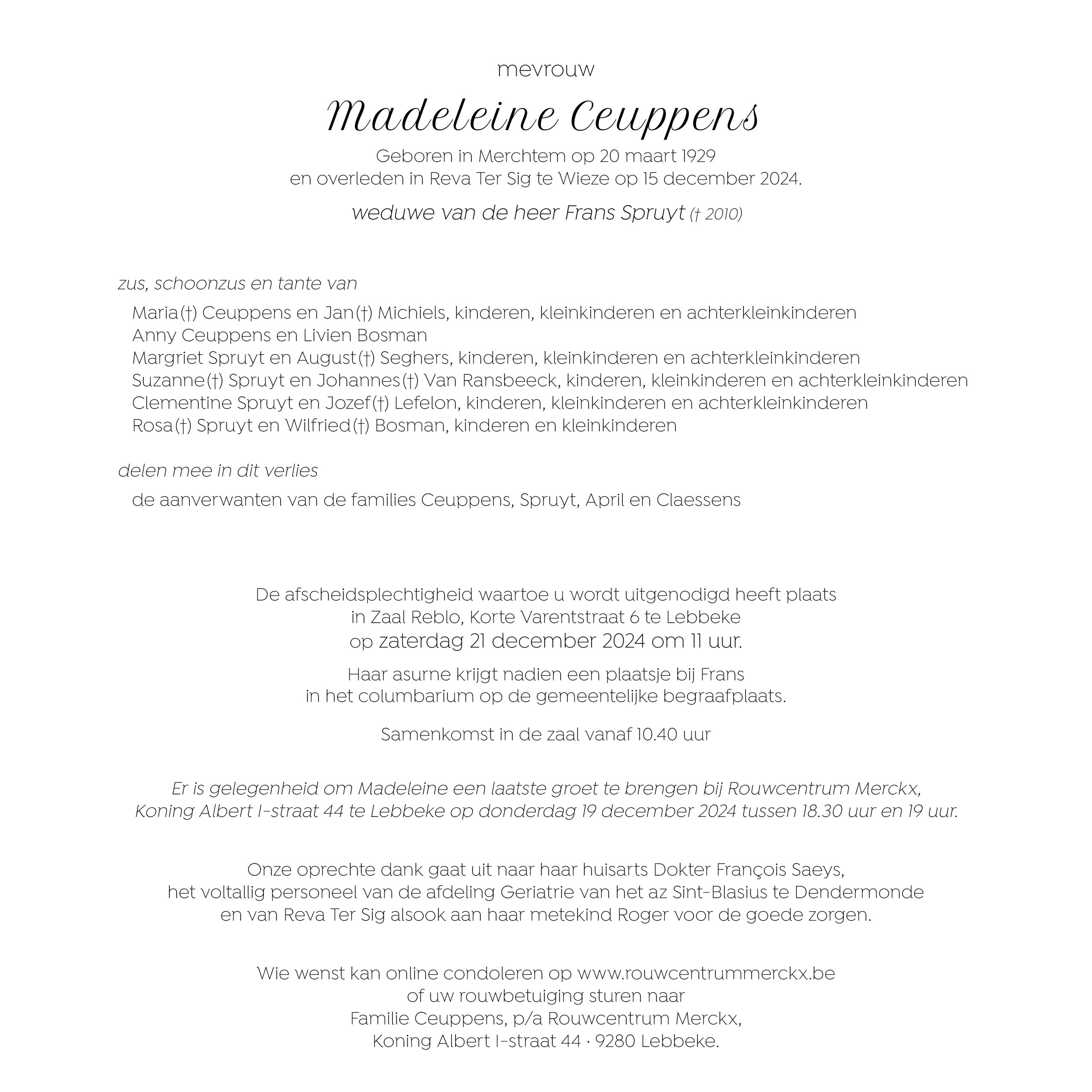 Ceuppens Madeleine rouwbrief