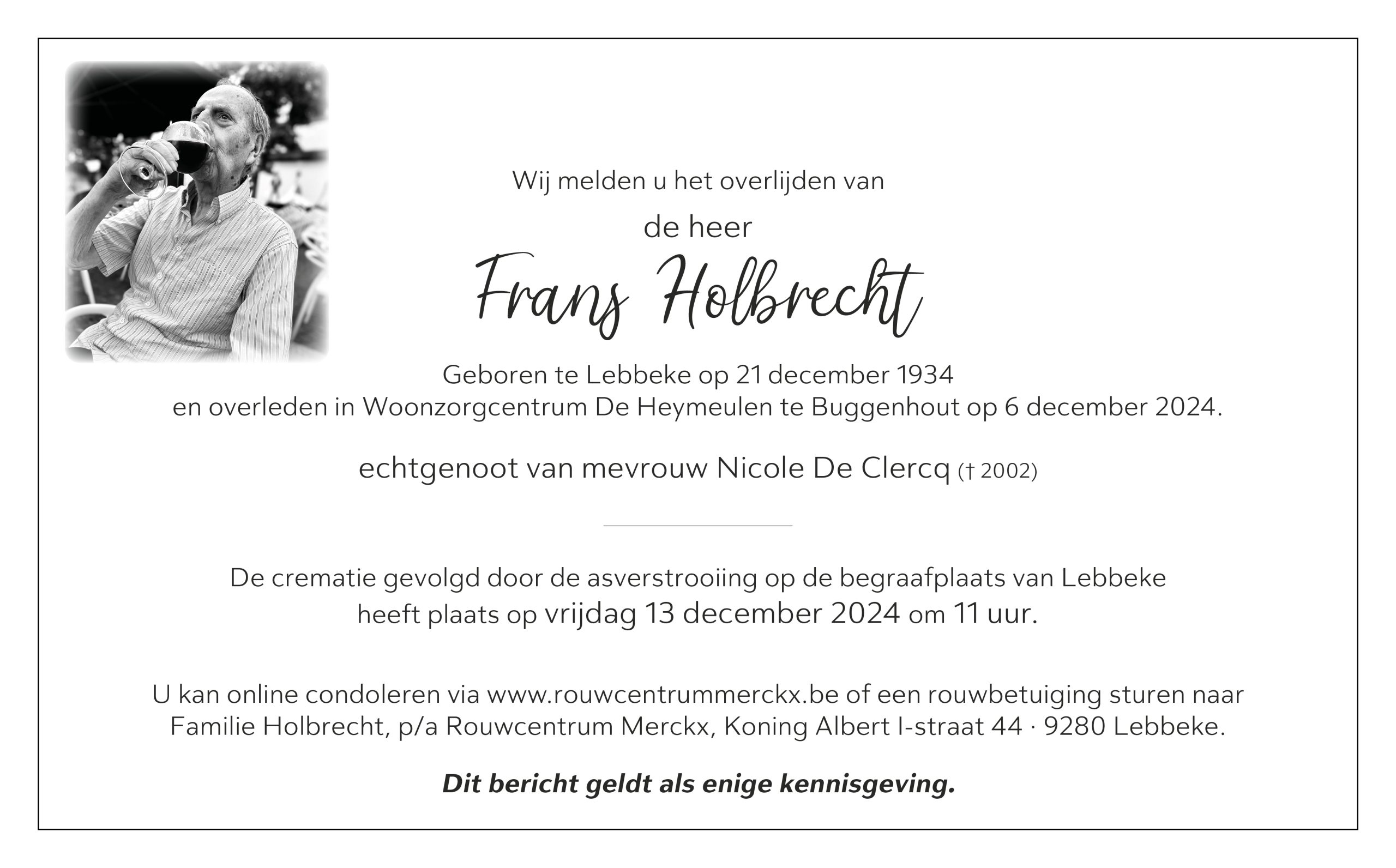 Holbrecht Frans rouwbrief